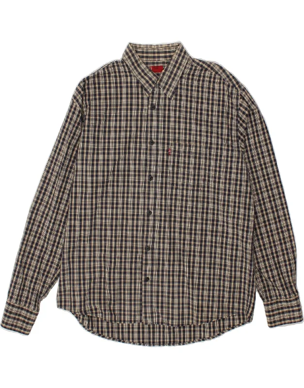 LEVI'S Mens Shirt XL Navy Blue Check Cotton Collared T-Shirt Boat Neck A-Line