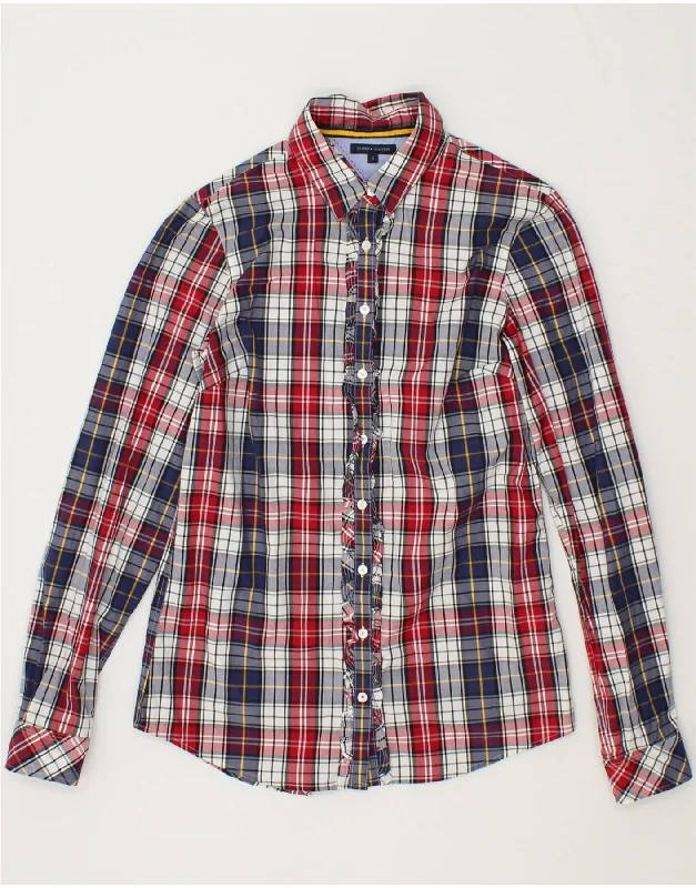 TOMMY HILFIGER Womens Ruffle Front Shirt US 6 Medium Navy Blue Check Modern Contemporary Chic