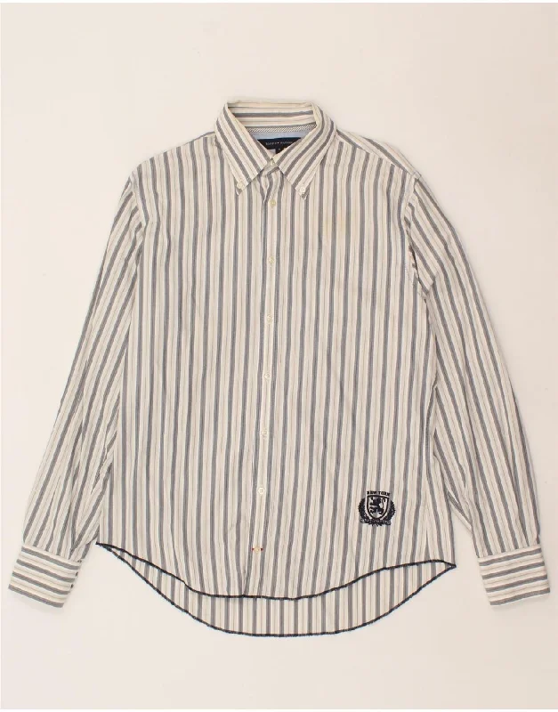 TOMMY HILFIGER Mens Shirt Medium Grey Striped Cotton Jersey Fabric Tulle Fabric Batik Fabric
