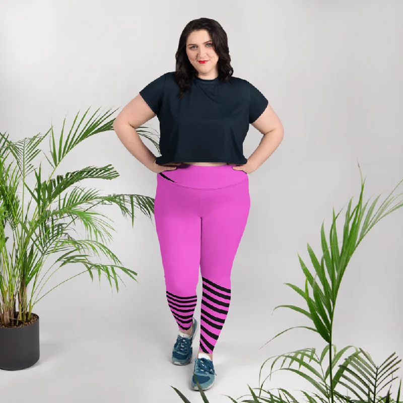 Hot Pink Striped Long Tights, Best Designer Black Diagonal Stripe Women's Fitness Yoga Leggings Stylish High-Waisted Leggings