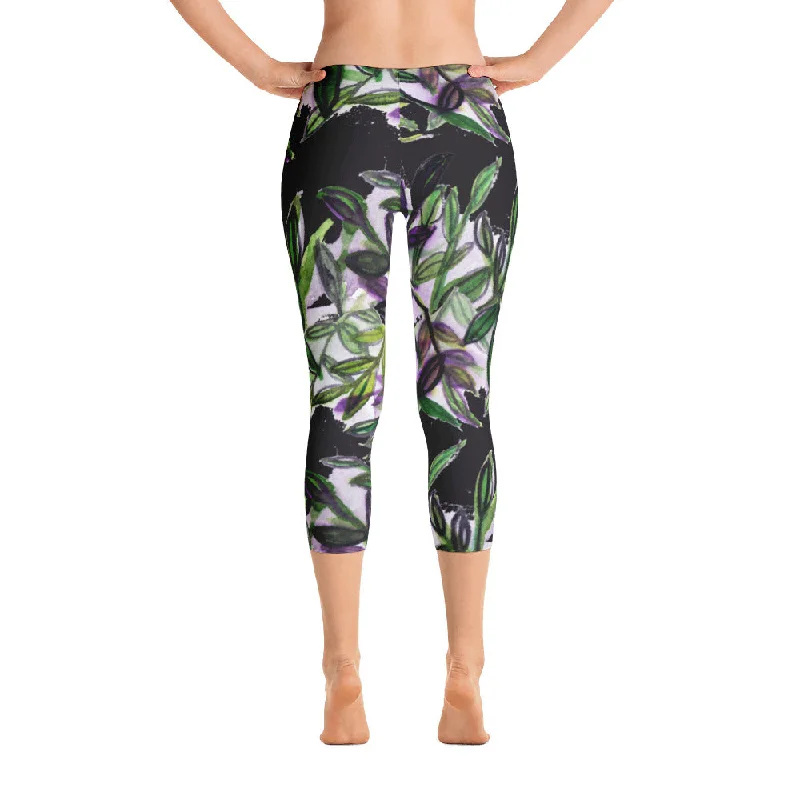 Black Tropical Leaf Capris Tights,, Exotic Women's Capri Leggings Activewear-Made in USA/EU Trendy Polka Dot Leggings