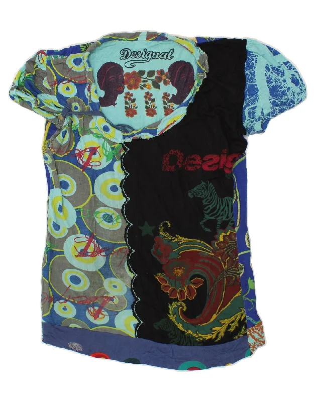 DESIGUAL Womens Graphic T-Shirt Top UK 18 XL Multicoloured Floral Notch Collar Peter Pan Collar Cowl Neck
