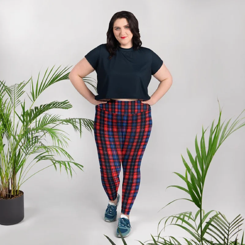 Red Plaid Print Yoga Tights, Women's Long Yoga Pants Plus Size Leggings -Made in USA/EU/MX Comfortable Plus Size Leggings