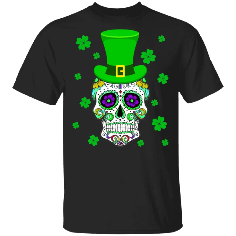 Leprechaun Sugar Skull Shamrock St Patrick's Day Irish Mexican Lover Mom Dad Grandpa Grandma Son Daughter Niece Uncle St Patrick's Day T-Shirt Striped Floral Plaid