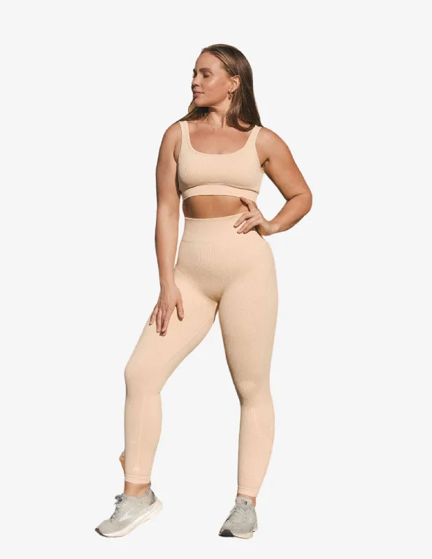 Cream Ribbed Leggings Beige Fashionable Full-Length Active Leggings