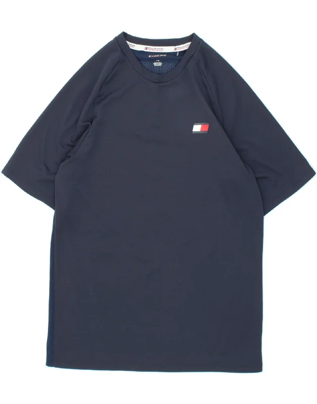 TOMMY HILFIGER Mens Slim Graphic T-Shirt Top Large Navy Blue Colourblock Lace Blend Ribbed Blend Corduroy Blend