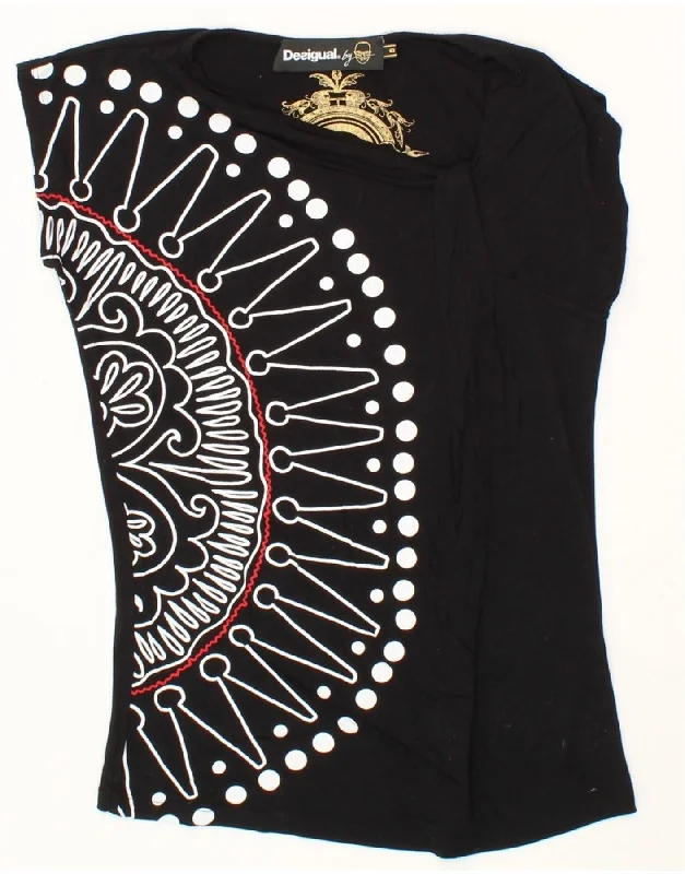 DESIGUAL Womens Loose Fit Graphic T-Shirt Top UK 10 Small Black Geometric Mesh Canvas Denim