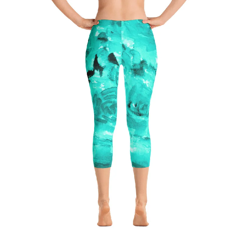 Ocean Blue Rose Flower Tights, Blue Soft Floral Designer Capri Leggings Bright Colors - Made in USA Stylish Winter-Ready Leggings