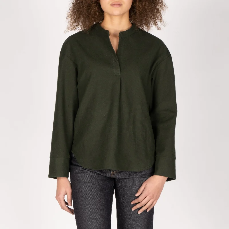 Band Collar Shirt - Cotton Yarn Dyed Flannel - Green Ribbed T-Shirt High Neck Heavyweight