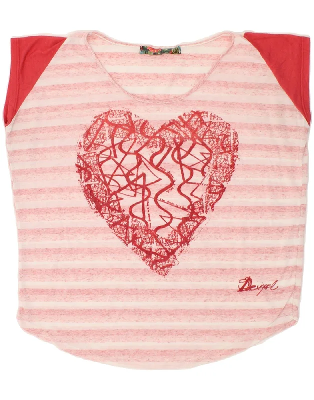 DESIGUAL Womens Graphic T-Shirt Top UK 14 Medium Pink Striped Heart Elasticated Padded Insulated