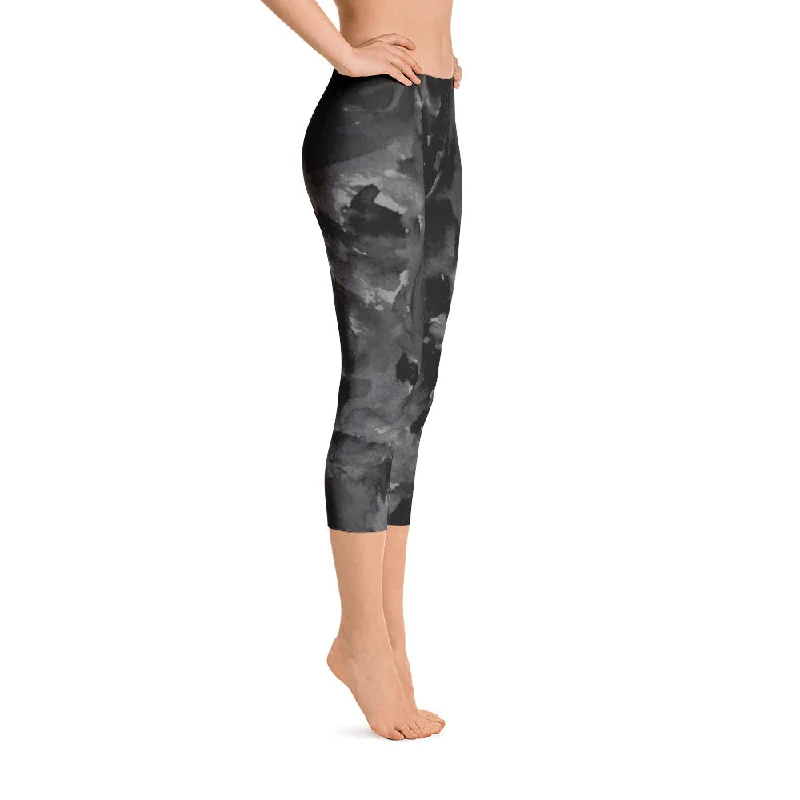 Gray Black Rose Capris Tights, Floral Print Women's Capri Leggings Spandex Tights - Made in USA Cozy Warmth Leggings