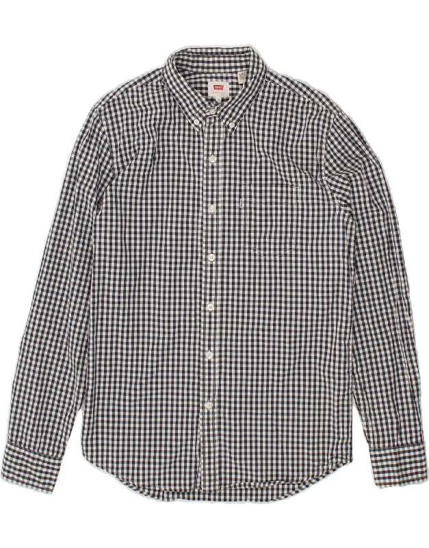LEVI'S Mens Shirt Medium Navy Blue Gingham Cotton Plaid T-Shirt Polka Dot Checkered