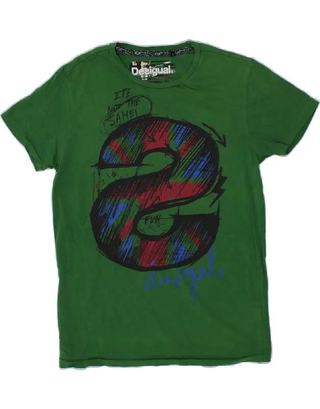 DESIGUAL Mens Graphic T-Shirt Top Small Green Print Jacquard Patchwork
