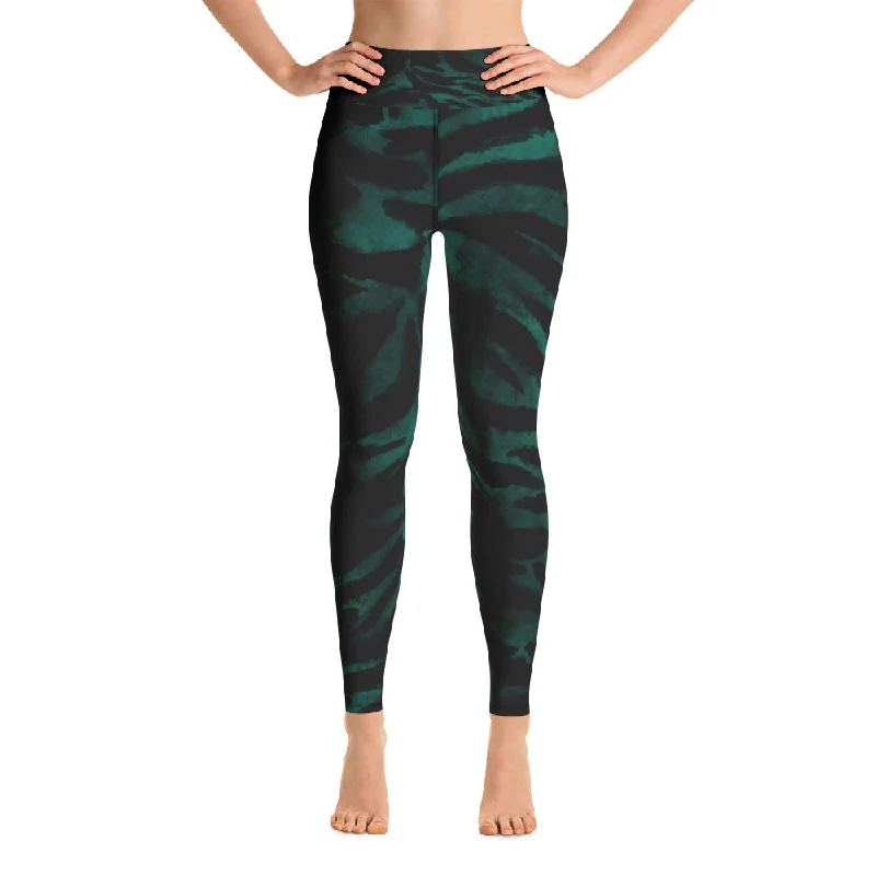 Green Tiger Stripe Print Women's Leggings, Animal Print Long Yoga Pants- Made in USA/EU Cozy Workout Performance Leggings