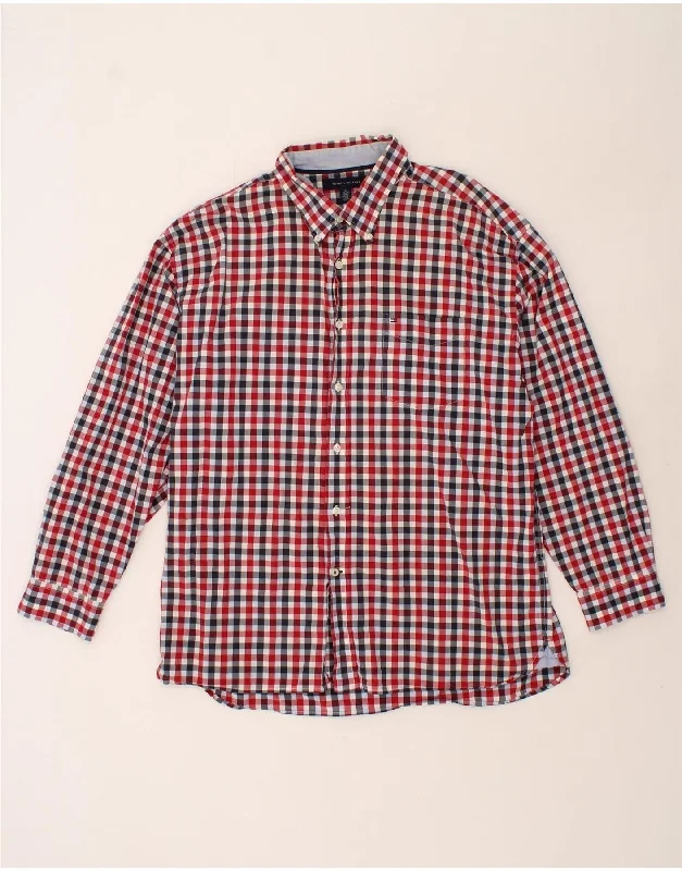 TOMMY HILFIGER Mens Shirt XL Red Check Cotton Hooded Caped Shawl Collar