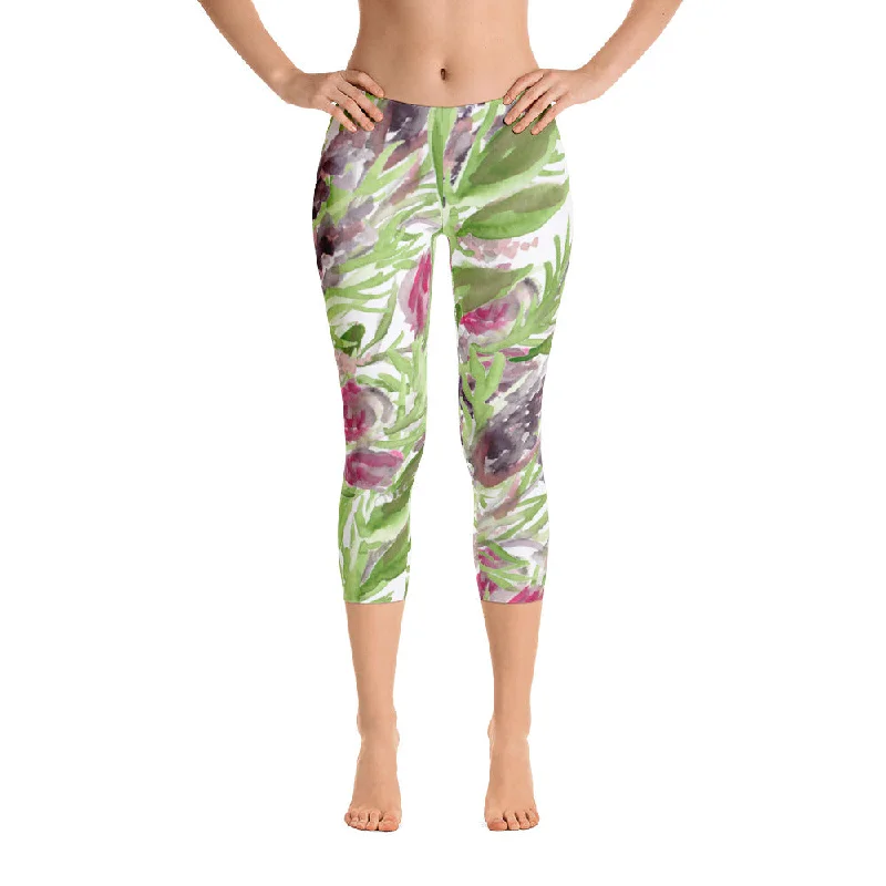 Purple Lavender Floral Capri Tights, Designer Capris Leggings For Women-Made in USA/EU Trendy Spandex Leggings