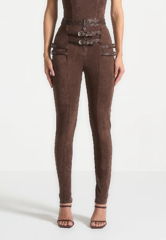 Suede Buckle Detail Leggings - Brown Elegant Animal Print Leggings