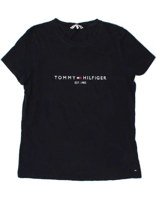 TOMMY HILFIGER Womens Graphic T-Shirt Top UK 16 Large Navy Blue Cotton Fleece Fabric Down Fabric Feather Fabric