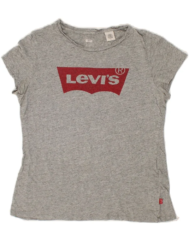 LEVI'S Womens Graphic T-Shirt Top UK 12 Medium Grey Cotton Fleece Nylon Spandex