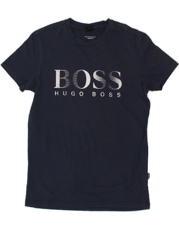 HUGO BOSS Mens Regular Fit Graphic T-Shirt Top Small Navy Blue Cotton Mesh Blend Leather Blend Suede Blend