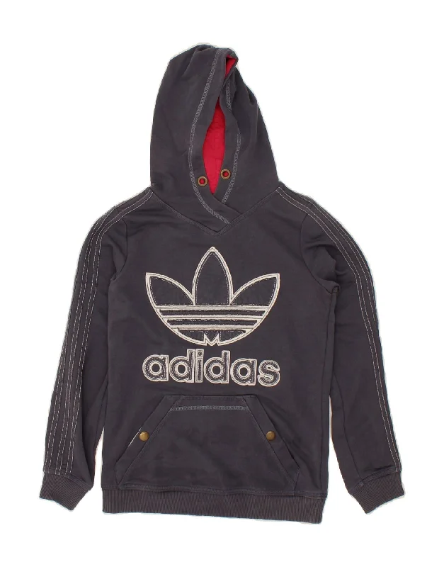 ADIDAS Womens Graphic Hoodie Jumper IT 42 Medium Navy Blue Cotton Hoodie with Frayed Bohemian Relaxed