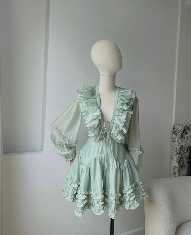 Mint Green V Neck A-Line Long Sleeves Short Party Dress Homecoming Dress, DP3436 Tunics Lace romantic