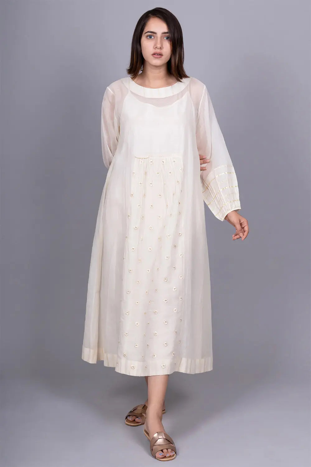 Chanderi Front Gathering Embroidered Dress with slip Tunics Ceremony elegant