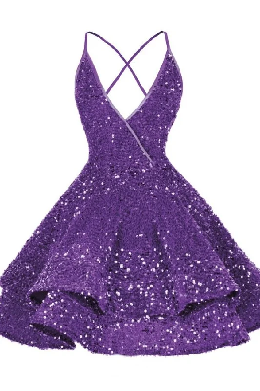 Purple V Neck A-Line Sequined Homecoming Dress Short Party Dress, DP2957 Tunics Occasion special