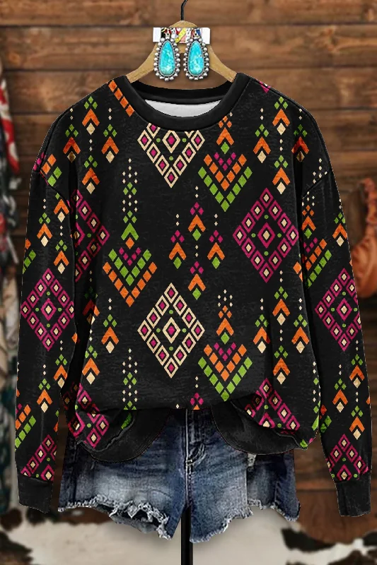 Vintage Western Aztec Print Sweatshirt Hoodie with Hidden Zipper Minimalist Clean