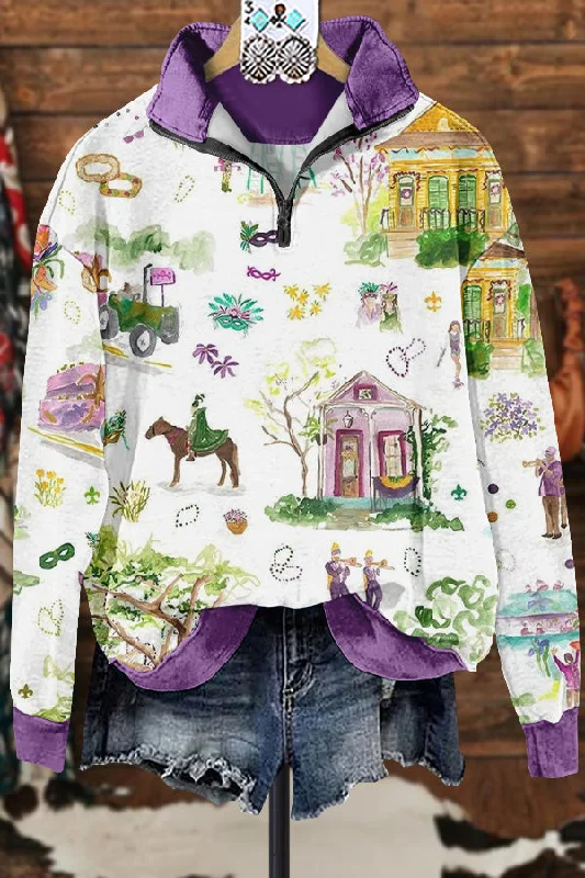 Classic Contrast Mardi Gras Sweatshirt Hoodie Crop Top Short Trendy