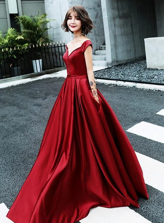 Pretty A-line Sweetheart Dark Red Long Satin Party Dress, Off Shoulder New Prom Dress Tunics Essential wardrobe