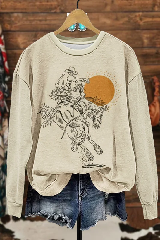 Western Cowboy Printed Sweatshirt Hoodie with Hem Frayed Vintage Worn