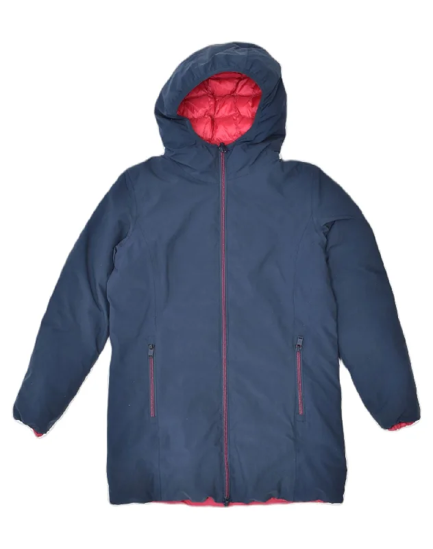 VINTAGE Womens Hooded Reversible Padded Jacket UK 14 Large Navy Blue Rayon Fabric Velvet Fabric Corduroy Fabric