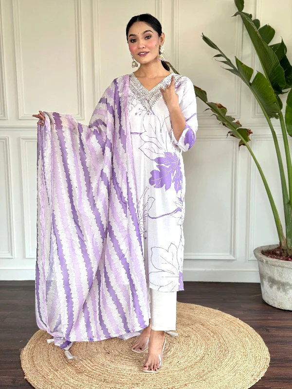 Women V Neck Embroidered Work Chanderi Silk Fabric Kurta & Pant With Dupatta Set - Taantav Casual Drawstring Pants