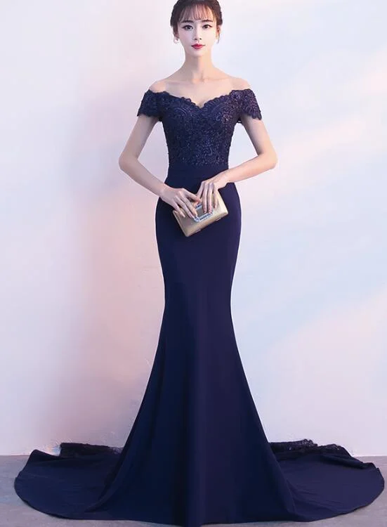 Navy Blue Elegant Spandex Mermaid Prom Dress with Off Shoulder Style, Pretty Party Dresses, Formal Dress Pencil Length Work