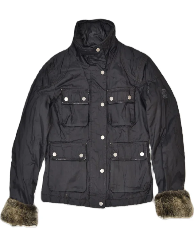 BELSTAFF Womens Utility Jacket IT 42 Medium Black Cotton Herringbone Jacket Checkered Jacket Solid Jacket