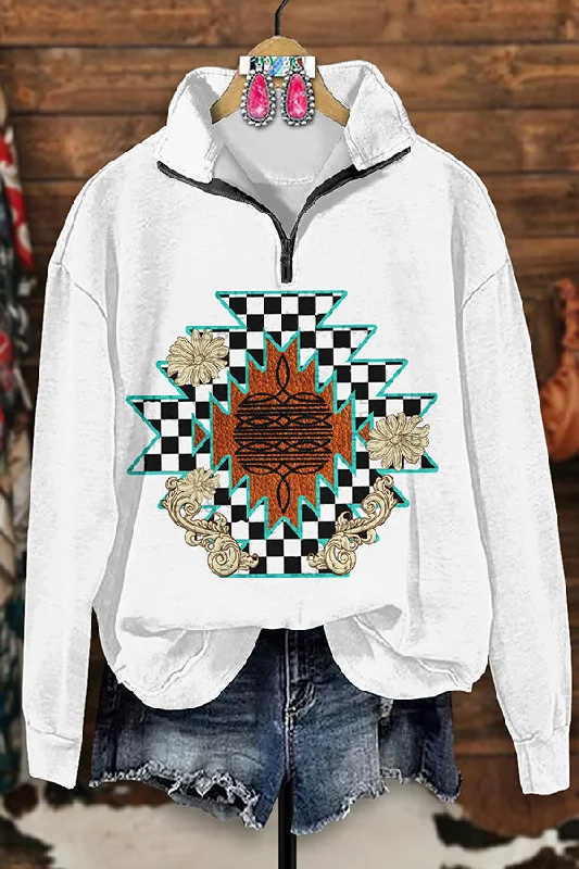 Vintage Western Boots Stitching Print Zip-Up Sweatshirt Hoodie with Velcro Closure Adjustable Secure
