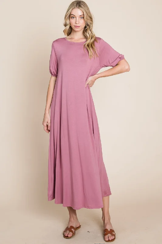 Casual Mauve Comfy Dress Crew Neckline Sporty