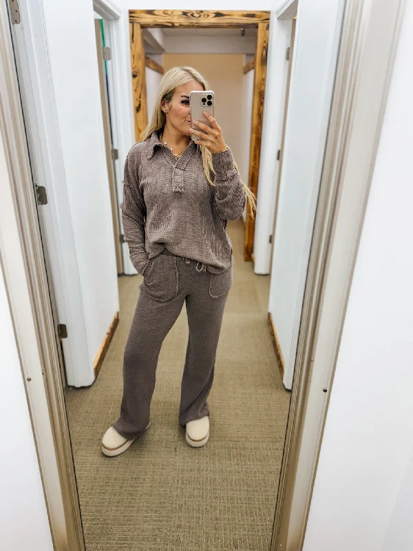 Long Lasting Feeling Waffle Knit Lounge Pants -2 Colors Relaxed High-Waist Trousers