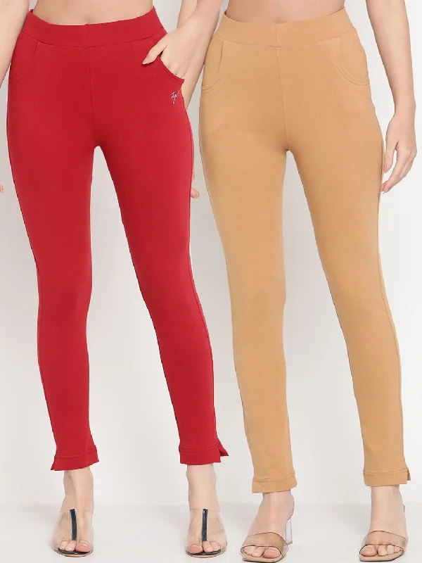 TAG 7 Women Pack of 2 Maroon & Beige Solid Kurti Pants Cozy Jogger Leggings