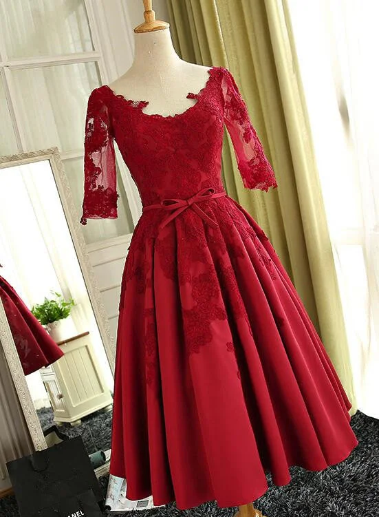 Beautiful Red 1/2 Sleeves Lace Satin Vintage Style Party Dress, Tea Length Handmade Formal Dresses Boat Neckline Classic
