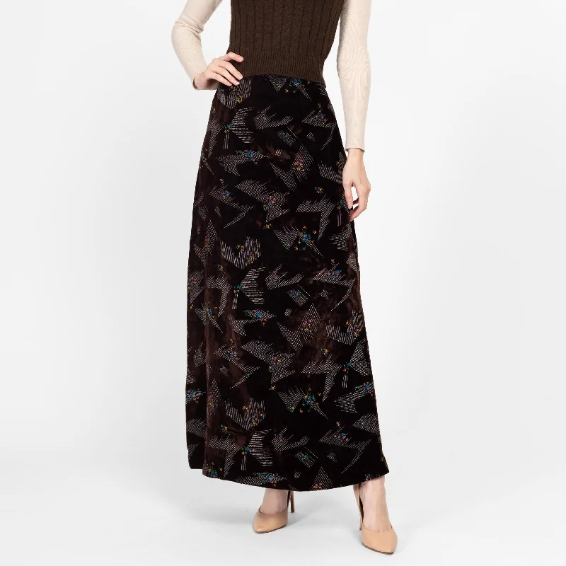 Small 70s Abstract Floral Dark Brown Velvet Maxi Skirt 27" vintage skirt charm