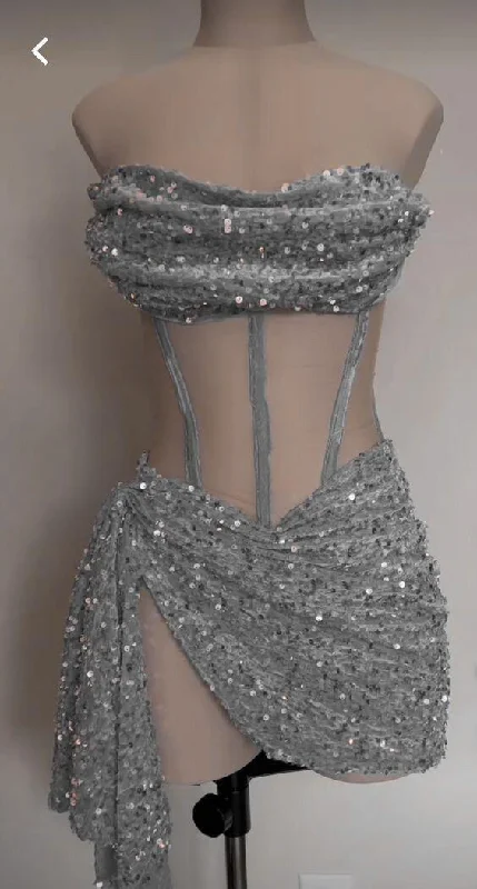 Silver Strapless Sheath Short Evening Party Dress Birthday Outfits, DP3222 Tunics Practical durable