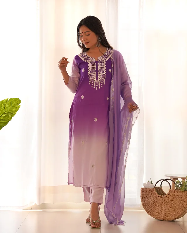 Women V Neck Embroidered Work Rayon Fabric Kurta & Pant With Dupatta Set - Taantav Trendy Wide-Leg Pants