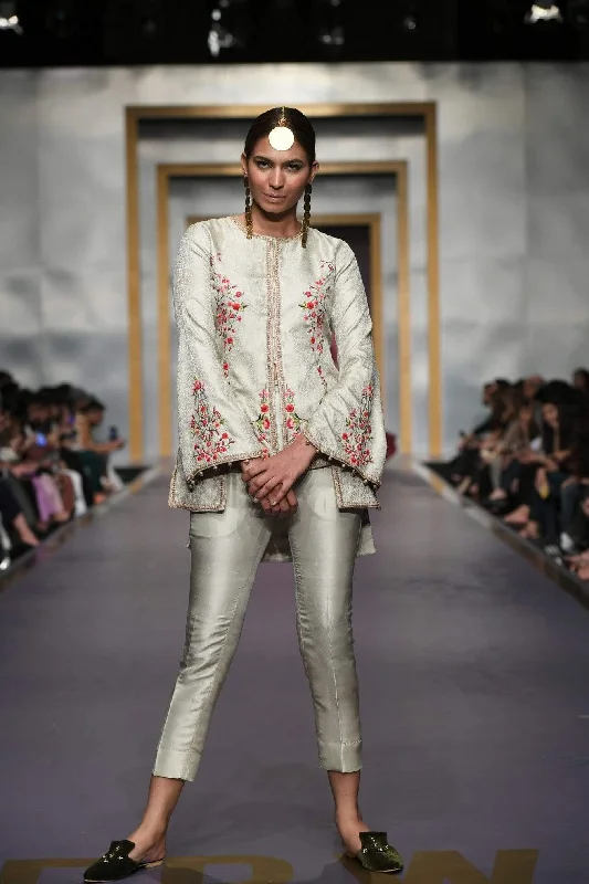 Yasmin Zaman - Cream Embroidered Jacket with Pants - F-184 - 2 Piece Tailored Jacket Straight Jacket A-Line Jacket