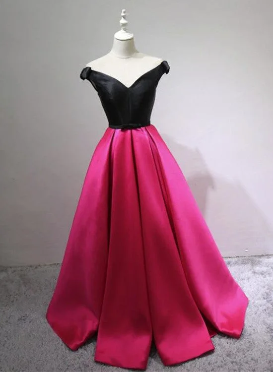 Black and Rose Red Satin V-neckline Prom Dress with Bow, Cute Gowns, Party Dresses 2018 Tunics Running lightweight