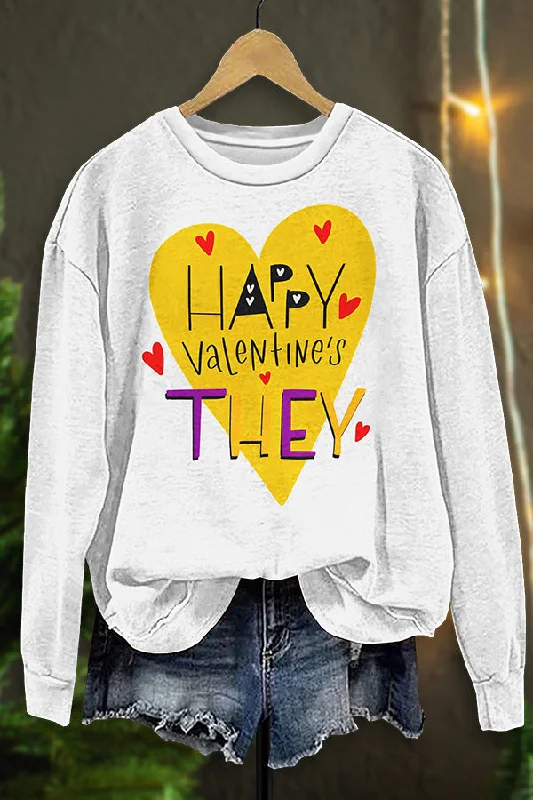 Happy Valentines Colorful Sweatshirt Hoodie with Side Slits Relaxed Casual