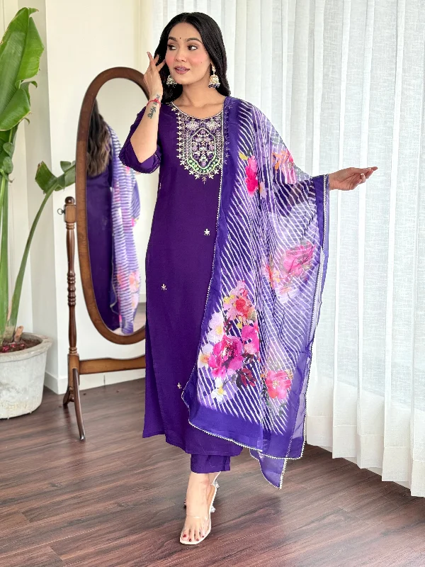 Women Round Neck Embroidered Work Chanderi Viscose Fabric Kurta & Pant With Dupatta Set - Taantav Cozy Maternity Pants