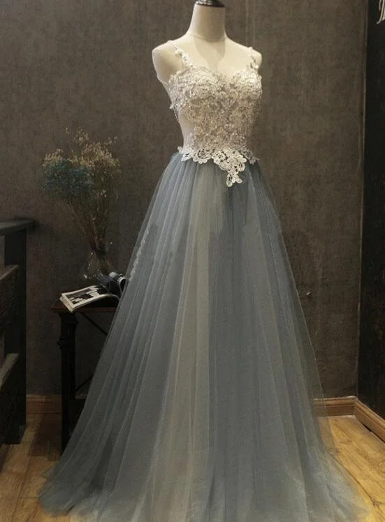 Grey Tulle and Applique Sexy A-line Long Formal Dress, Grey Party Dress, Formal Dress Tunics Satin smooth