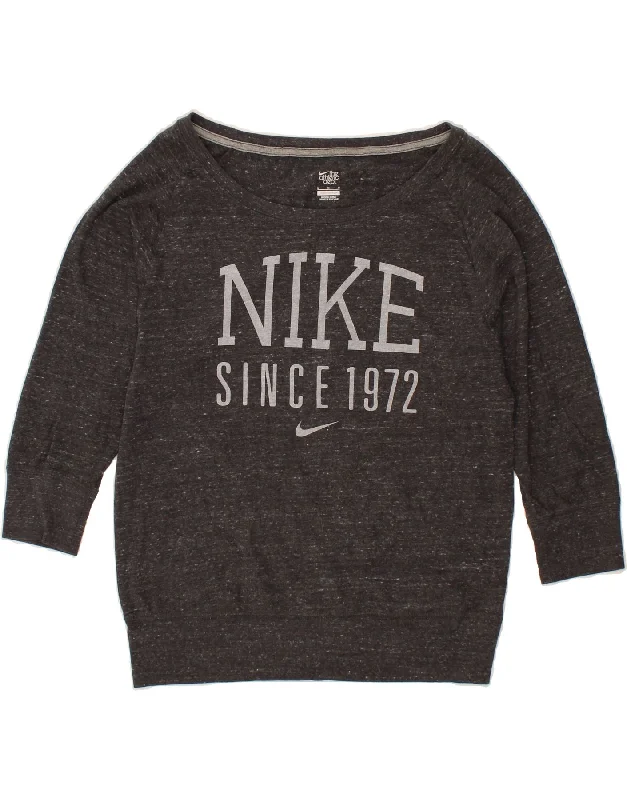 NIKE Womens Graphic 3/4 Sleeve Sweatshirt Jumper UK 14 Medium Grey Flecked Hooded Sweatshirt Casual Wear Street Style